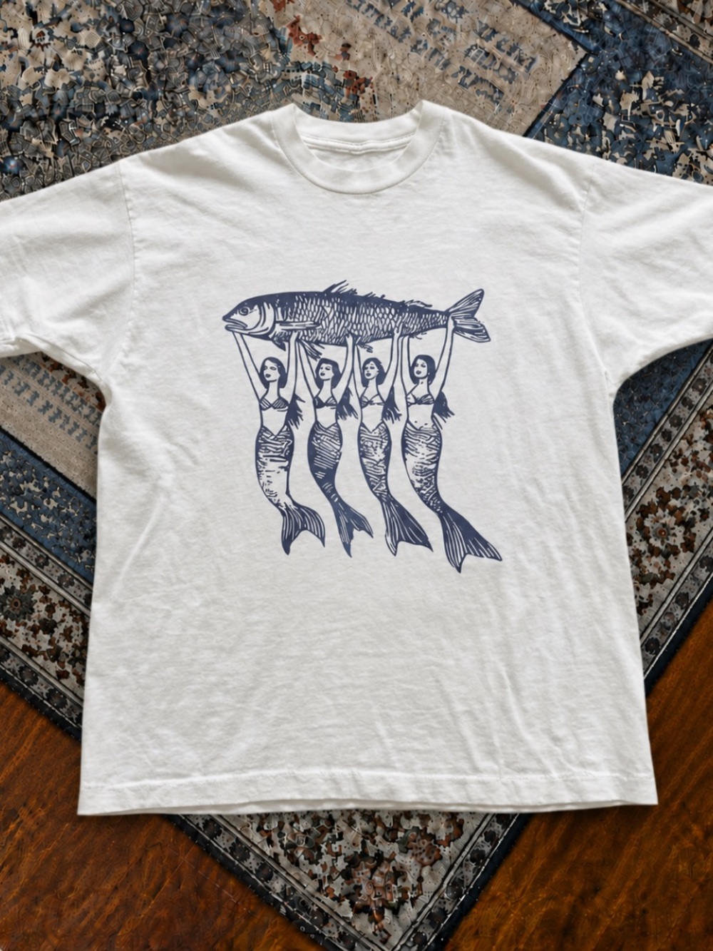 Mermaids Holding Fish Linocut White Cottagecore Graphic T-Shirt